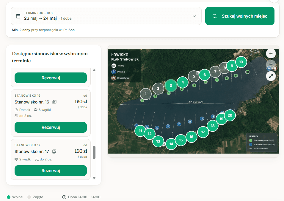 Rezerwacja online stanowisk na mapie LIVE — widget LakeControl z pinezkami i statusami w czasie rzeczywistym