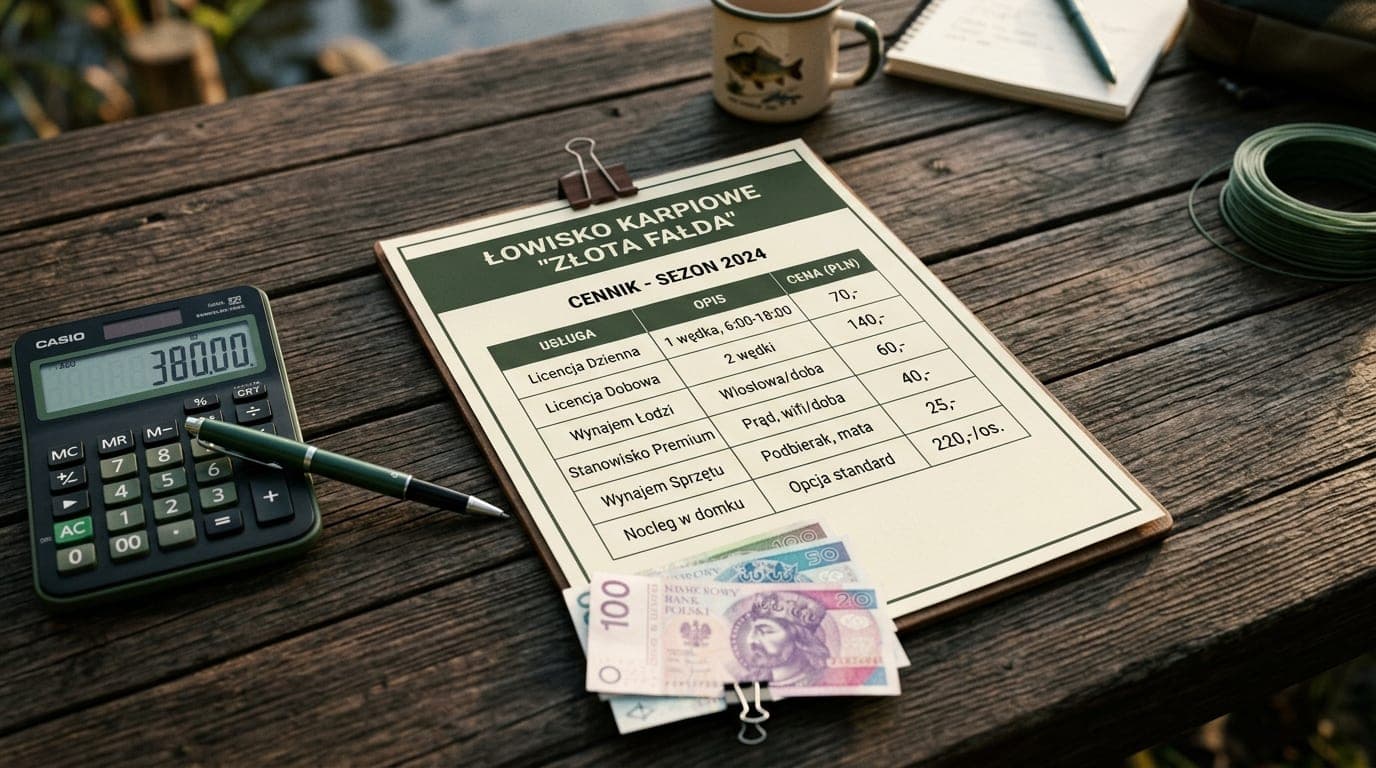 Cennik łowiska karpiowego — tabela cen, kalkulator i banknoty na drewnianym stole
