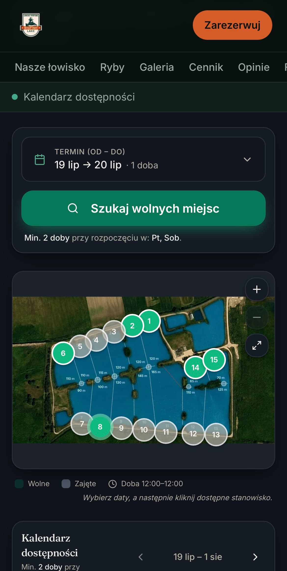 Mapa live łowiska Big Fish Lake w widgecie rezerwacji: ortofotomapa z pinezkami 15 stanowisk i statusami wolne i zajęte