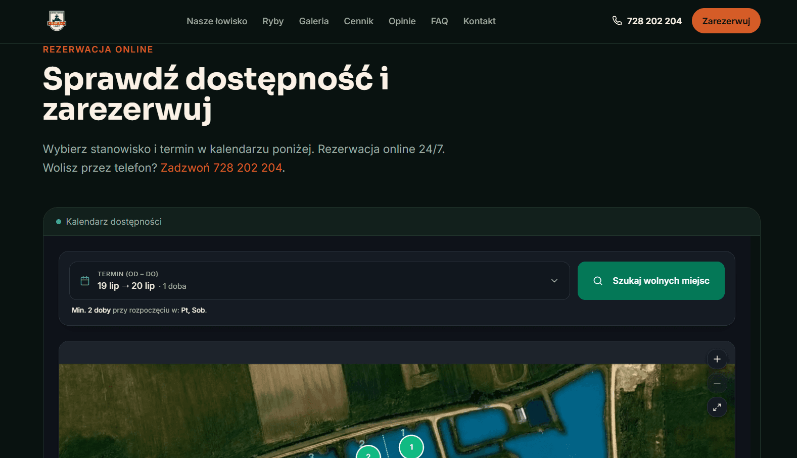 Podstrona rezerwacji online na stronie lowiskobigfishlake.pl z osadzonym widgetem LakeControl w iframe