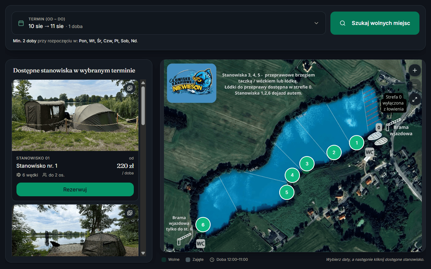 Widget rezerwacji Łowiska Karpiowego Niewieścin: wybór terminu, lista stanowisk i mapa łowiska z 6 pinezkami