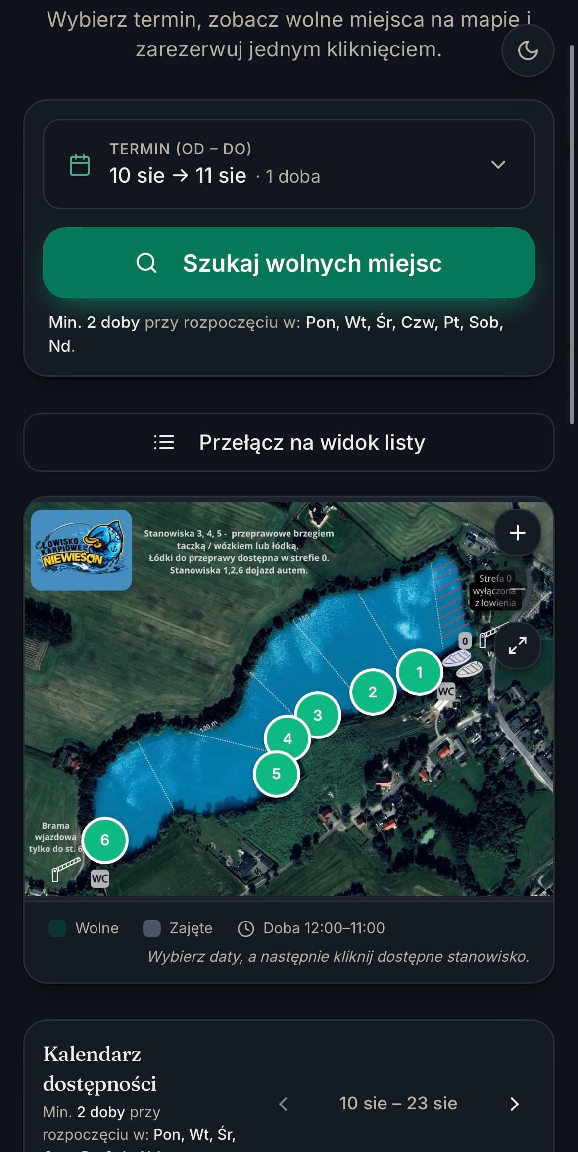 Mapa Łowiska Karpiowego Niewieścin w widgecie rezerwacji na telefonie: pinezki 6 stanowisk, bramy wjazdowe i punkty infrastruktury