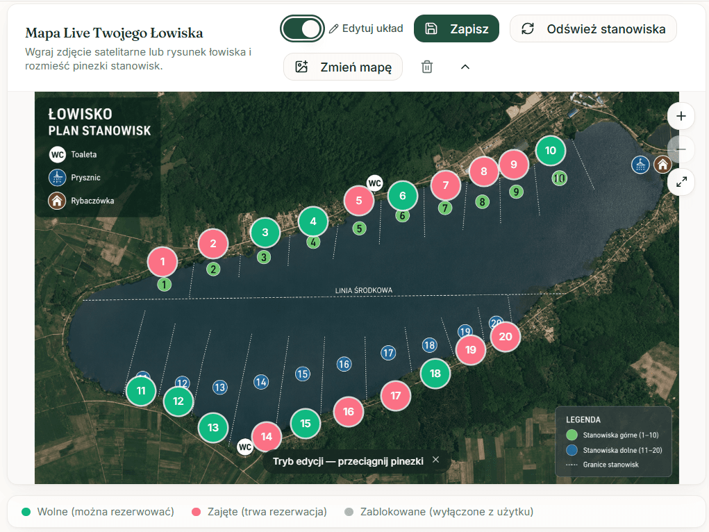 Edytor mapy łowiska w panelu właściciela LakeControl — drag-and-drop pinezek stanowisk