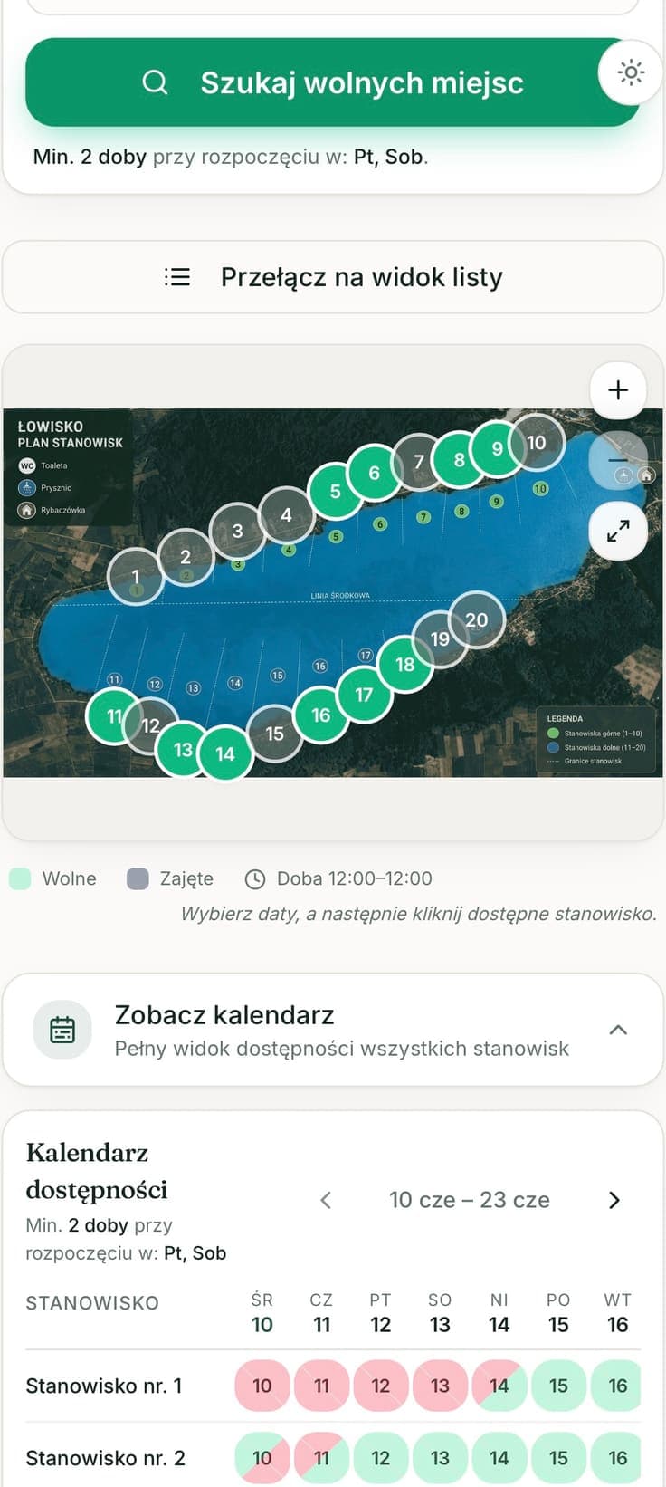 Widok rezerwacji stanowisk na telefonie wędkarza